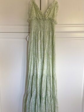 Luxxel Pale Green Leaf-Print Smocked Maxi Dress